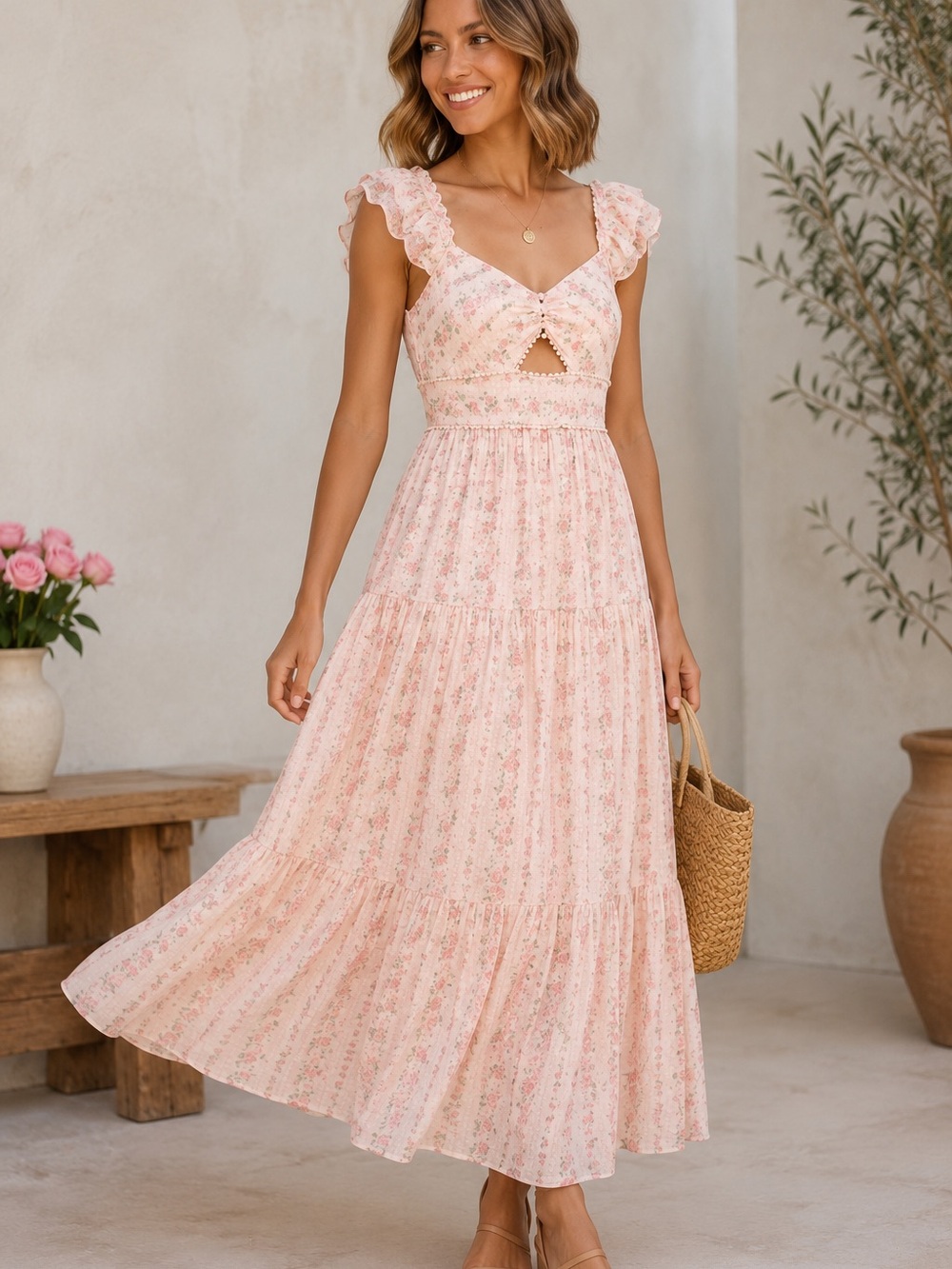 Trixxi Los Angeles Pink Floral Cottagecore Midi Maxi Dress NWT Romantic Prairie